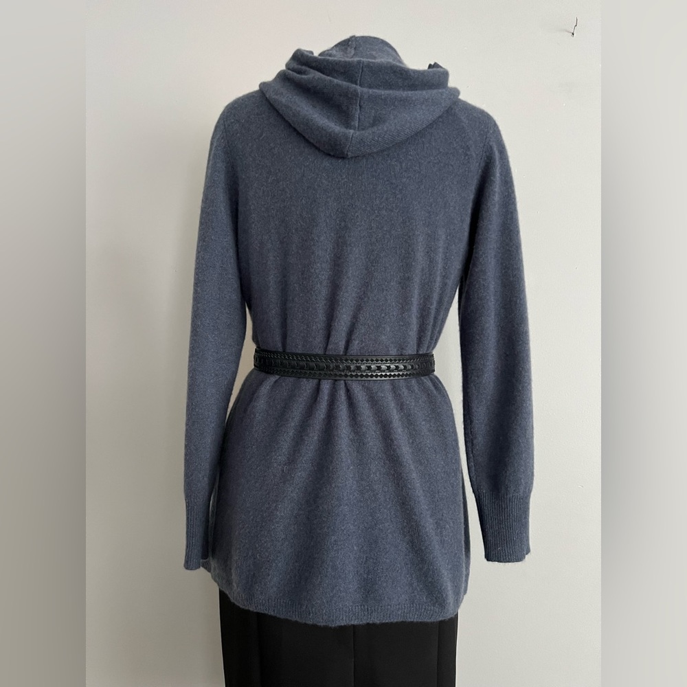 Tahari Hooded Cashmere Long Cardigan Sweater Coat Wrap Blue Womens M - Picture 3 of 17